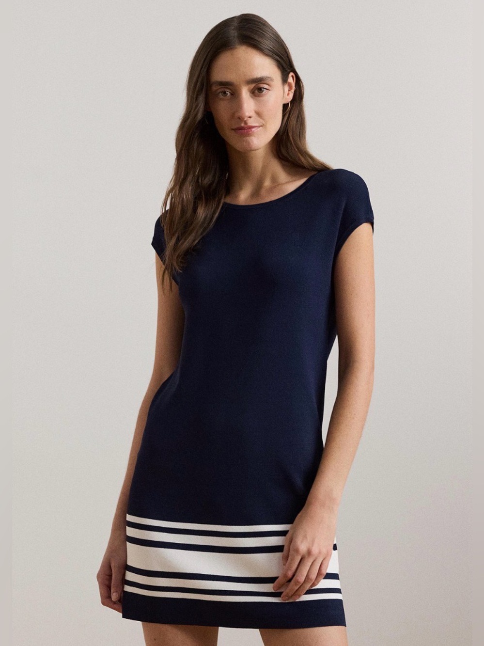 NWT Lauren Ralph Lauren Navy Blue Cap Sleeve Shift Sweater Dress Size XS $195